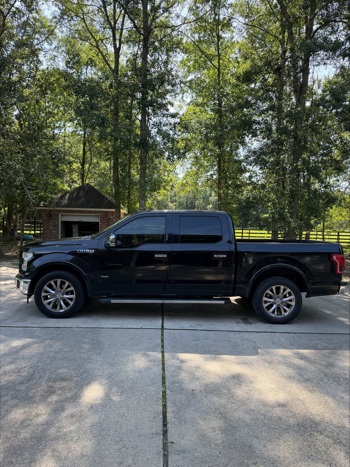 Black Ford F-150 with window tint, side profile
